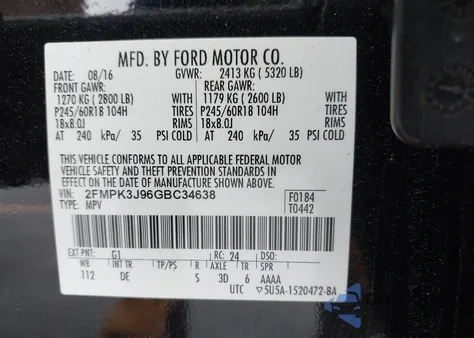 2016 Ford Edge Sel из США, поврежденный, VIN 2FMPK3J96GBC34638